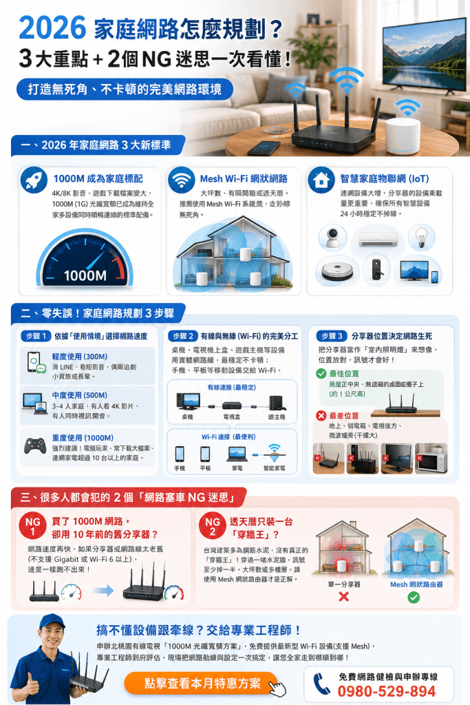 家裡連網設備越來越多，網路怎麼牽才不會卡？2026年家庭網路規劃指南：教您挑選適合的頻寬(300M/500M/1000M)、分享器最佳擺放位置，以及避免訊號死角的2個常見NG迷思。不懂設定也沒關係，北桃園專業工程師到府幫您弄到好！